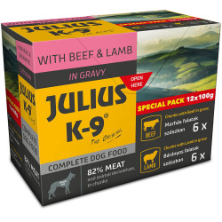JULIUS K-9 special pack 12x100 g bárány, marha szószós Konzerv, nedves táp kutya-macska Julius K-9