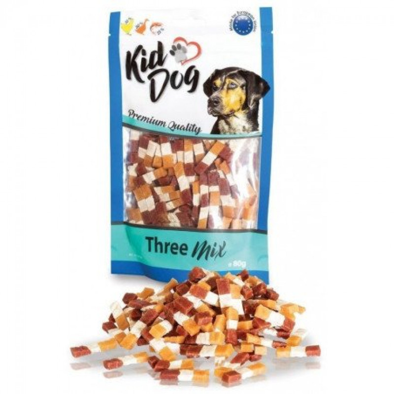 KidDog A04539 jutalomfalat kutyáknak - Three Mix - csirke 35%,kacsa 30%,tőkehal 25% 80 g