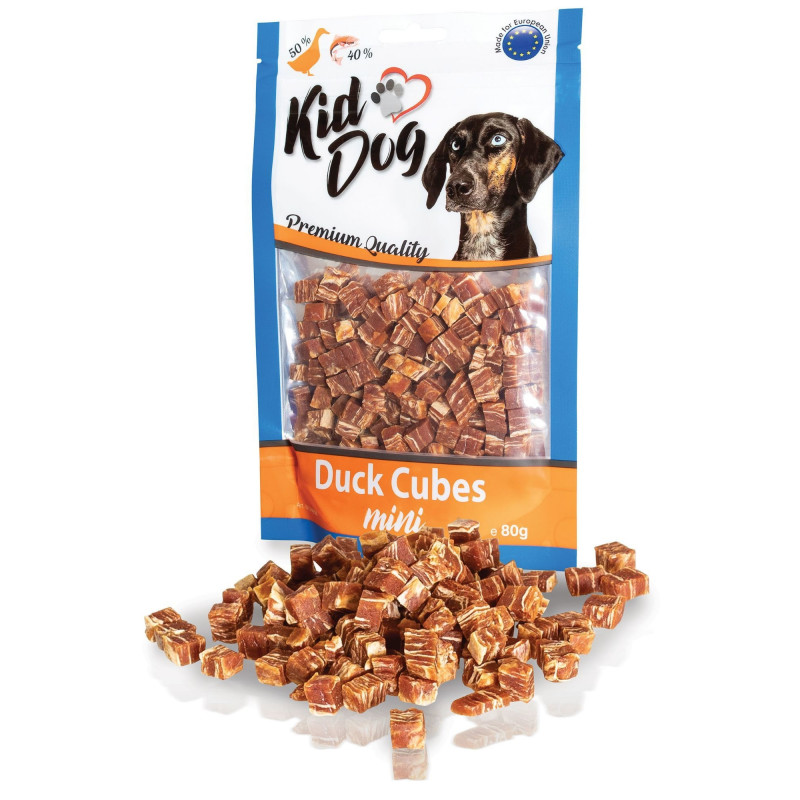 KidDog A04658 jutalomfalat kutyáknak -  Mini Duck Cubes - mini kacsás 60%/tőkehal 34% kockák 80 g