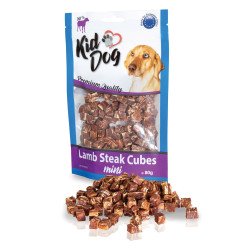 KidDog A04725 jutalomfalat kutyáknak - Mini Lamb Steak Cubes - mini bárány 95%, bivalybőr kockák 80g Kutya kutya-macska KidDog