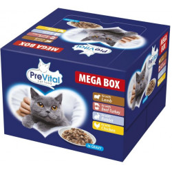 PreVital alutasakos Mega Box 24x100 g bárány-marha-nyúl-csirke Konzerv, nedves táp kutya-macska PreVital