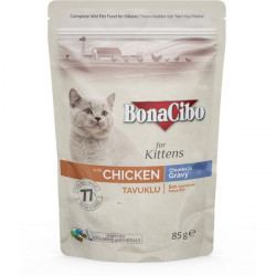 BonaCibo Cat alutasakos eledel 85 g KITTEN Chicken csirke darabok szaftban Konzerv, nedves táp kutya-macska BonaCibo