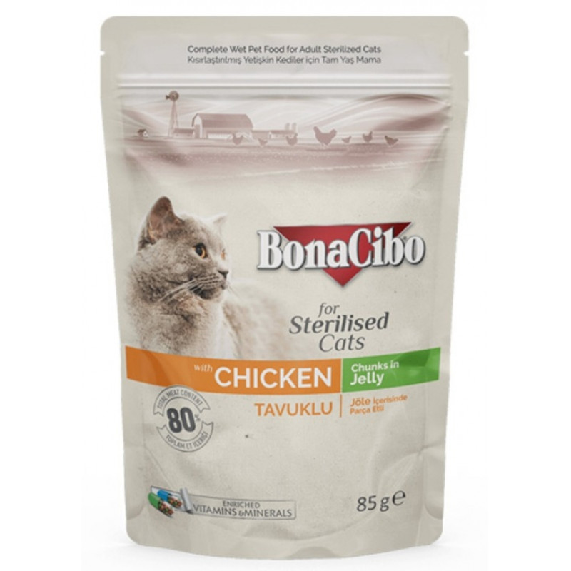 BonaCibo Cat alutasakos eledel 85 g STERILISED Chicken csirke darabok zselében