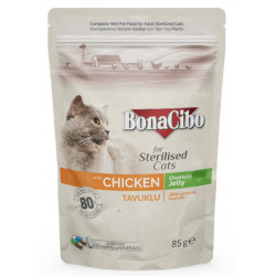 BonaCibo Cat alutasakos eledel 85 g STERILISED Chicken csirke darabok zselében Konzerv, nedves táp kutya-macska BonaCibo