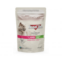 BonaCibo Cat alutasakos eledel 85 g STERILISED Lamb bárány darabok zselében Konzerv, nedves táp kutya-macska BonaCibo