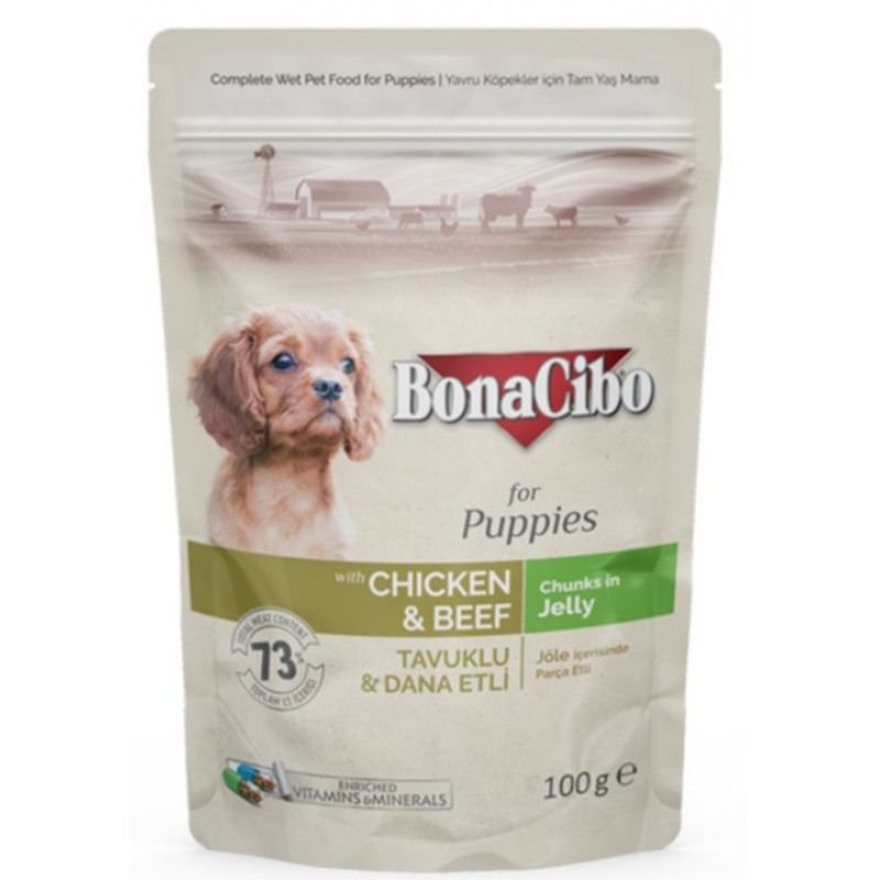 BonaCibo Dog alutasakos eledel 100 g PUPPY csirke&marha zselében