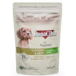 BonaCibo Dog alutasakos eledel 100 g PUPPY csirke&marha zselében Konzerv, nedves táp kutya-macska BonaCibo