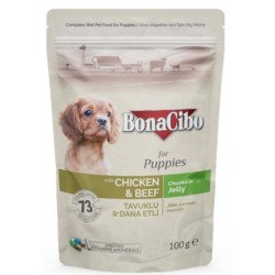 BonaCibo Dog alutasakos eledel 100 g PUPPY csirke&marha zselében Konzerv, nedves táp kutya-macska BonaCibo