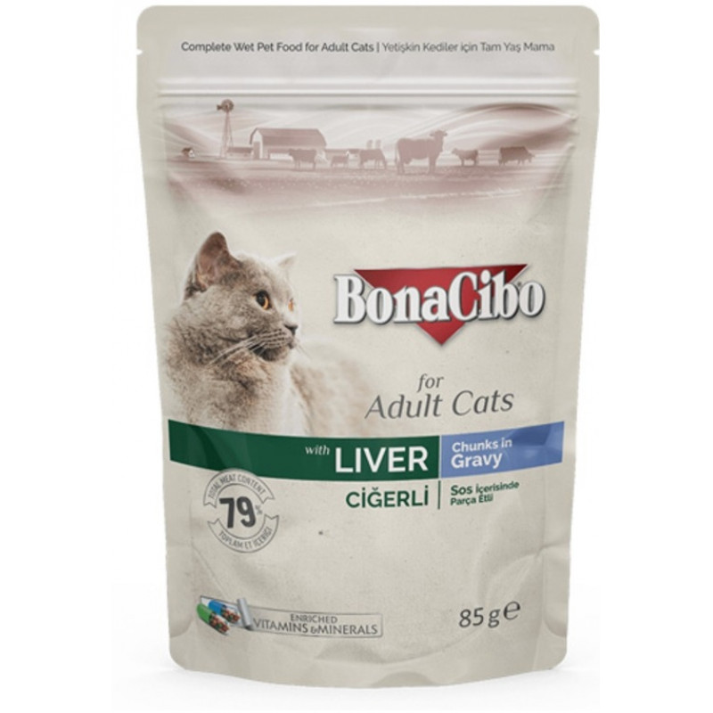 BonaCibo Cat alutasakos eledel 85 g Liver máj darabok szaftban